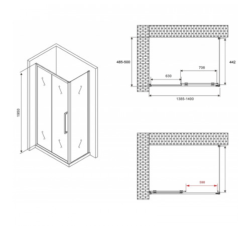 Душевой уголок Abber Schwarzer Diamant 140x50 AG30140BH-S50B профиль Черный стекло прозрачное