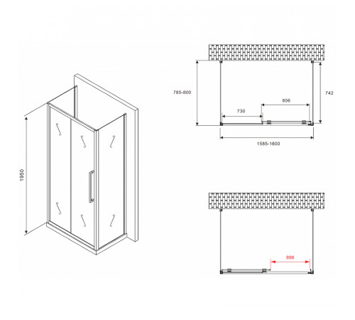 Душевой уголок Abber Schwarzer Diamant 160x80 AG30160BMH-S80BM-S80BM профиль Черный стекло матовое