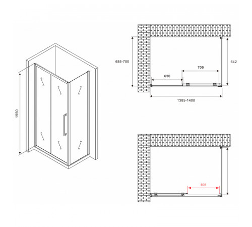 Душевой уголок Abber Schwarzer Diamant 140x70 AG30140BMH-S70BM профиль Черный стекло матовое