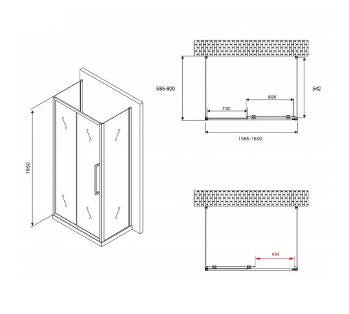 Душевой уголок Abber Schwarzer Diamant 160x60 AG30160MH-S60M-S60M профиль Хром стекло матовое