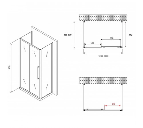 Душевой уголок Abber Schwarzer Diamant 130x50 AG30130H-S50-S50 профиль Хром стекло прозрачное