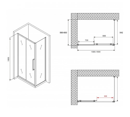 Душевой уголок Abber Schwarzer Diamant 160x60 AG30160H-S60 профиль Хром стекло прозрачное