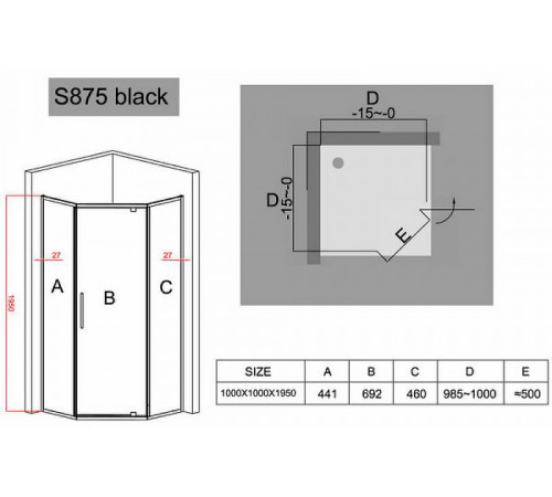 Душевой уголок Black&White Stellar Wind S875 100х100 8751010 профиль Черный стекло прозрачное