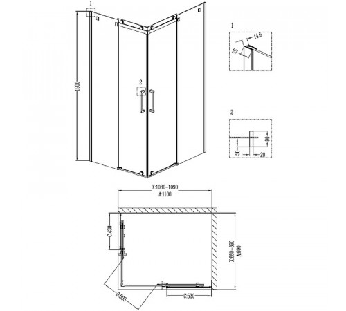 Душевой уголок Grossman Cosmo 110x90 R GR-1110R профиль Хром стекло прозрачное