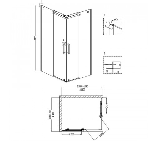 Душевой уголок Grossman Cosmo 110x90 L GR-1110L профиль Хром стекло прозрачное