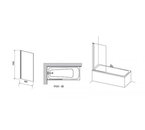 Шторка на ванну Ravak Pivot PVS1-80 79840300Z1 профиль Черный стекло Transparent