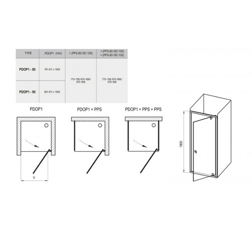 Душевой уголок Ravak Pivot PDOP1+PPS 90х80 03G70C00Z1+90G40C00Z1 профиль Хром стекло Transparent