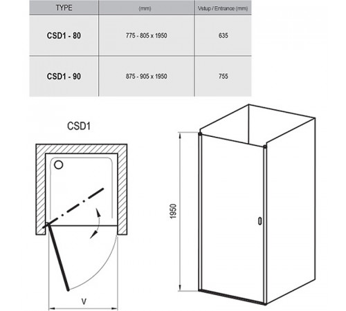 Душевая дверь Ravak Chrome CSD1-90 0QV70100Z1 профиль Белый стекло Transparent