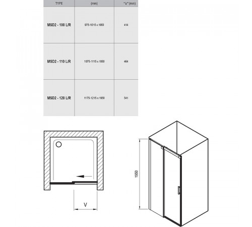 Душевая дверь Ravak Matrix MSD2-110 L 0WLD0100Z1 профиль Белый стекло Transparent