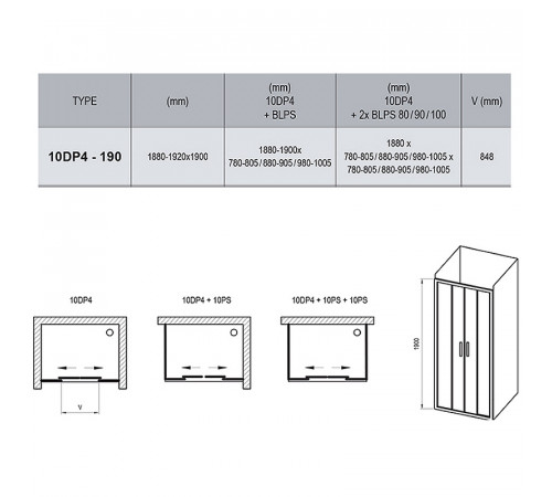 Душевая дверь Ravak 10° 10DP4 190 0ZKL0100Z1 профиль Белый стекло Transparent