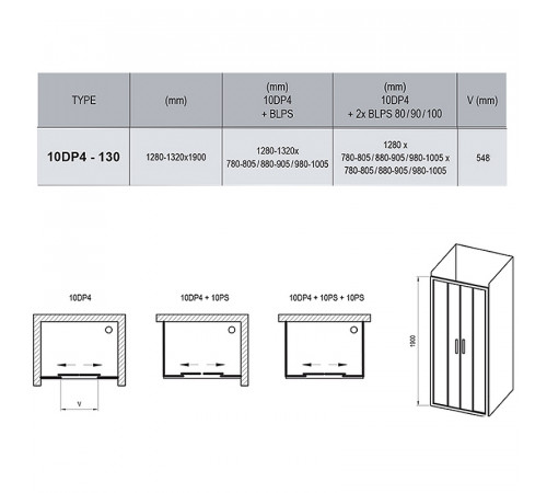 Душевая дверь Ravak 10° 10DP4 130 0ZKJ0100Z1 профиль Белый стекло Transparent