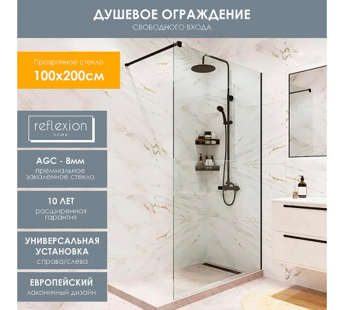 Душевая перегородка Reflection Walk in 100 RX200100CBL-13 профиль Черный матовый стекло прозрачное