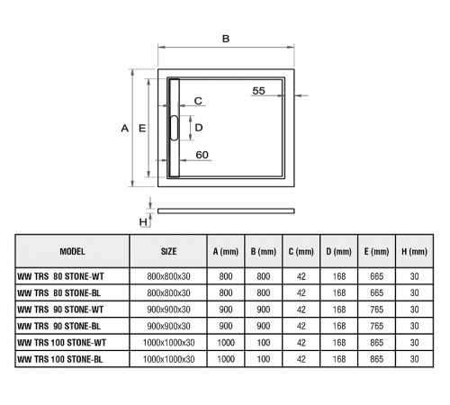 Душевой поддон из искусственного камня WeltWasser WW TRS 90 STONE-BL 90x90 10000004412 Черный