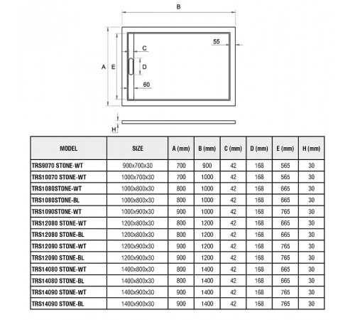 Душевой поддон из искусственного камня WeltWasser WW TRS 12090 STONE-BL 120x90 10000004382 Черный