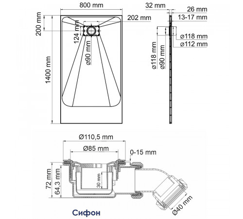 Душевой поддон из стеклопластика WasserKRAFT Elbe 140x80 74T35 Черный матовый