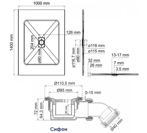 Душевой поддон из стеклопластика WasserKRAFT Main 140x100 41T37 Белый матовый