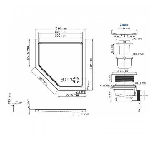 Акриловый поддон для душа WasserKRAFT Isen 101х101 26T38 Белый глянец