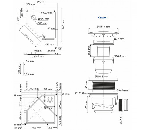 Акриловый поддон для душа WasserKRAFT Isen 90x90 26T11 Белый глянец