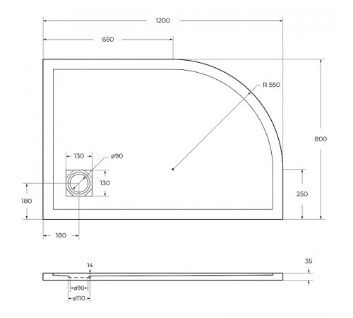 Душевой поддон из искусственного камня BelBagno Uno 120x80 R TRAY-MR-UNO-RH-120/80-550-35-W-R Белый