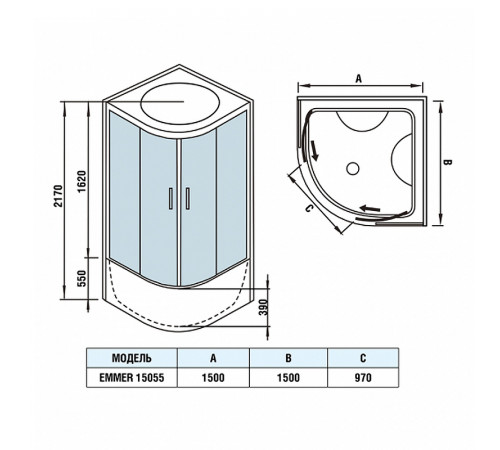 Душевой бокс WeltWasser WW500 Emmer 15055-2 150х150 10000004658 профиль Хром стекло прозрачное