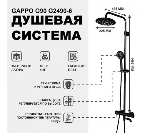 Душевая система Gappo G90 G2490-6 с термостатом Черная матовая