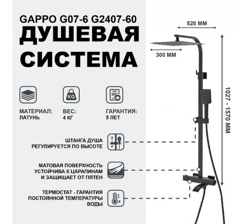 Душевая система Gappo G07-6 G2407-60 с термостатом Черная матовая