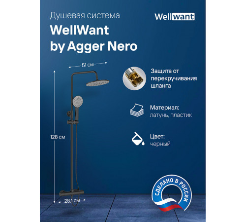 Душевая система WellWant by Agger Nero WWDS0W4428125B с термостатом Черная