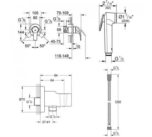 Гигиенический душ со смесителем Grohe Baucurve 123072 Хром