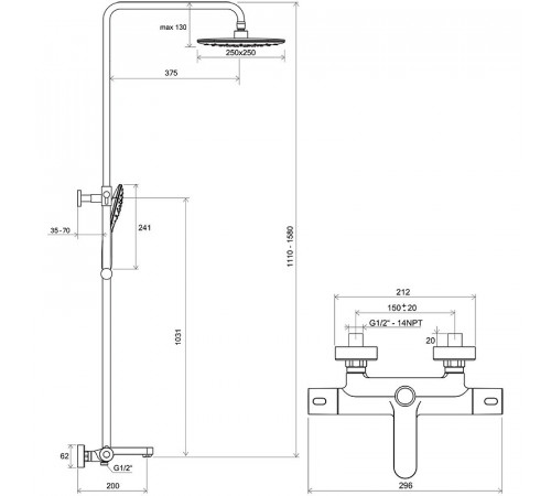 Душевая система Ravak Termo 300 TE 092.20BL X070444 с термостатом Черная