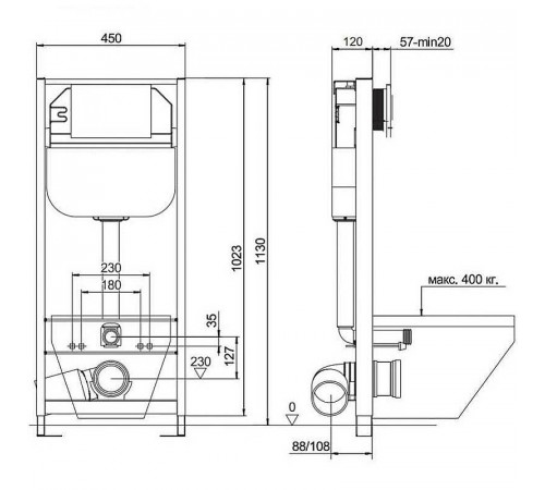 Инсталляция Maretti AC11P4534 для унитаза без клавиши смыва