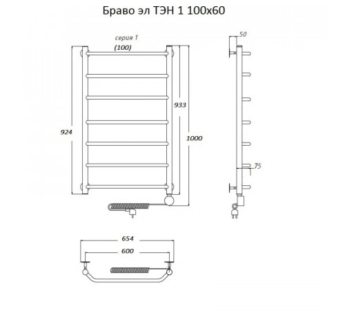Электрический полотенцесушитель Тругор Браво 1 элТЭН 100x60 Хром