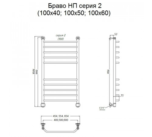 Водяной полотенцесушитель Тругор Браво 2 НП 100x50 Хром