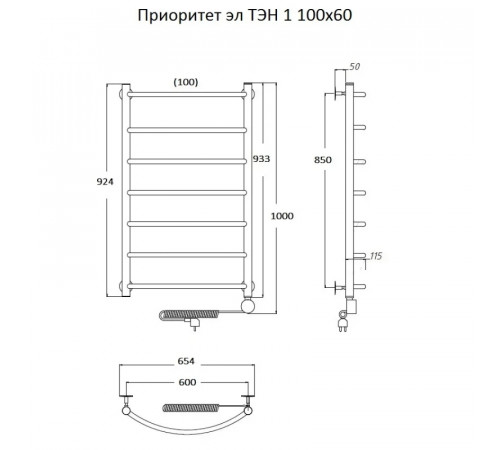 Электрический полотенцесушитель Тругор Приоритет 1 элТЭН 100x60 Хром