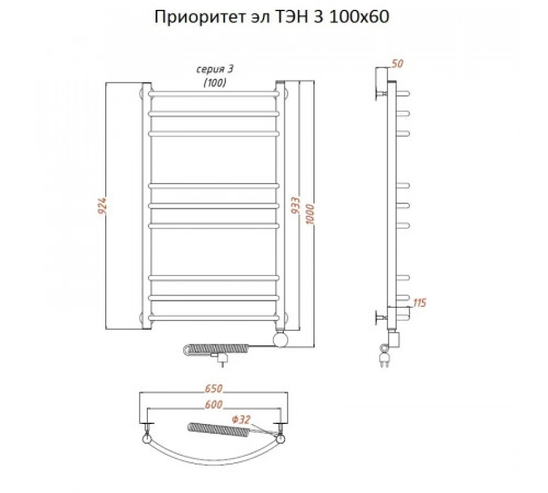 Электрический полотенцесушитель Тругор Приоритет 3 элТЭН 100x60 Хром