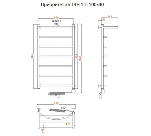Электрический полотенцесушитель Тругор Приоритет 1 элТЭН 100x40 с полкой Хром