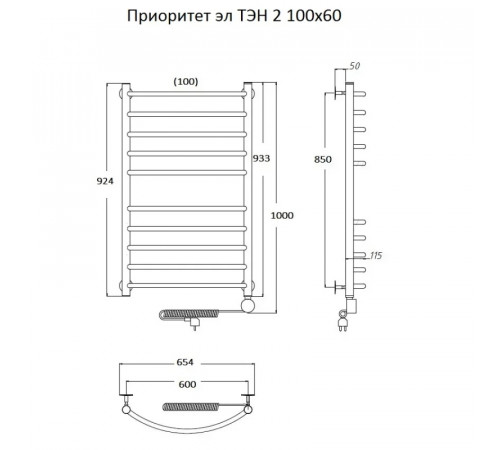 Электрический полотенцесушитель Тругор Приоритет 2 элТЭН 100x60 Хром