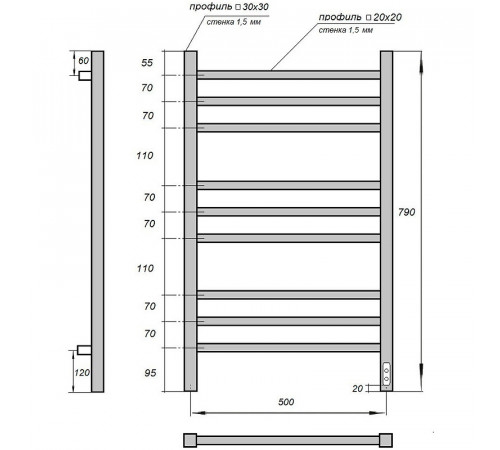 Электрический полотенцесушитель Point Вега PN71858 П9 500x800 диммер справа Хром