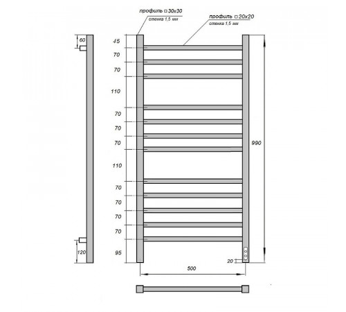 Электрический полотенцесушитель Point Вега PN71850W П12 500x1000 диммер справа Белый