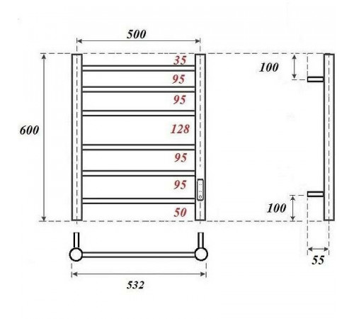 Электрический полотенцесушитель Point Аврора PN10856GR П6 500x600 диммер справа Графит премиум