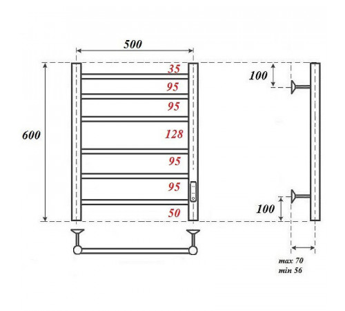 Электрический полотенцесушитель Point Аврора PN10856B П6 500x600 диммер справа Черный