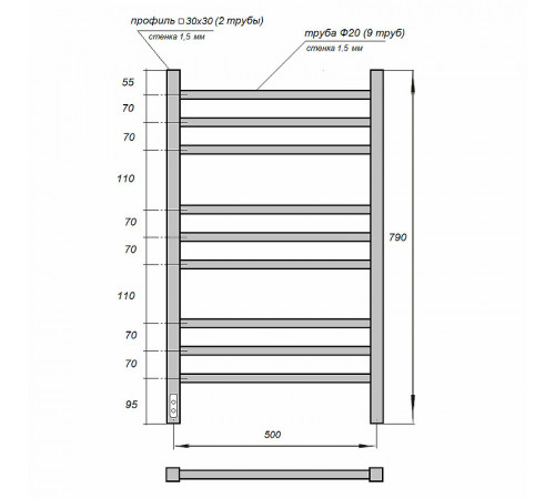 Электрический полотенцесушитель Point Веста PN70758B П9 500x790 диммер слева Черный