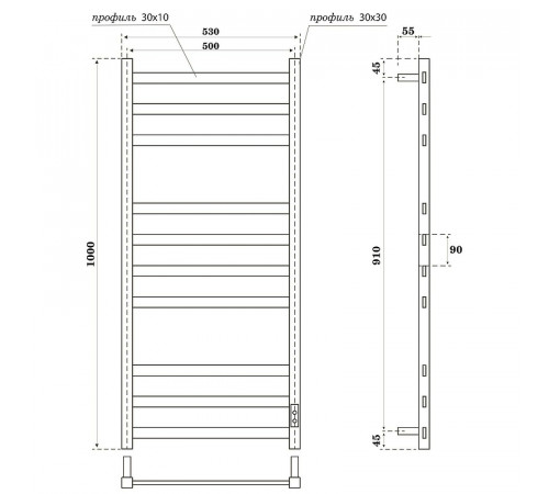 Электрический полотенцесушитель Point Меркурий PN83850GR П10 500x1000 диммер справа Графит премиум