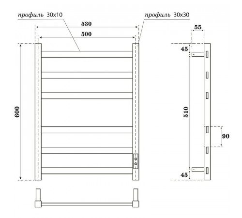 Электрический полотенцесушитель Point Меркурий PN83856GR П6 500x600 диммер справа Графит премиум