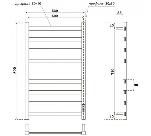 Электрический полотенцесушитель Point Меркурий PN83858GR П8 500x800 диммер справа Графит премиум