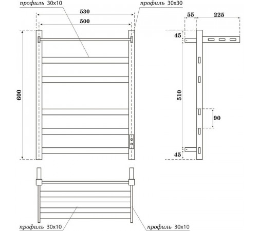 Электрический полотенцесушитель Point Меркурий PN83856PB П5 500x600 с полкой, диммер справа Черный