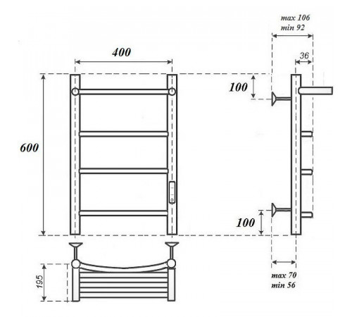 Электрический полотенцесушитель Point Афина PN04846P П3 400x600 с полкой, диммер справа Хром