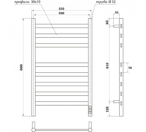 Электрический полотенцесушитель Point Селена PN16858B П8 500x800 диммер справа Черный