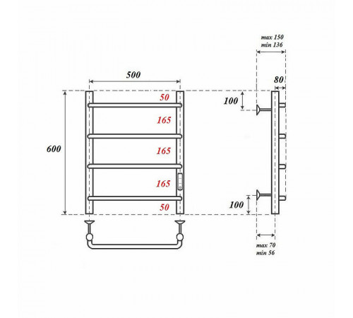 Электрический полотенцесушитель Point Ника PN08856 П4 500x600 диммер справа Хром