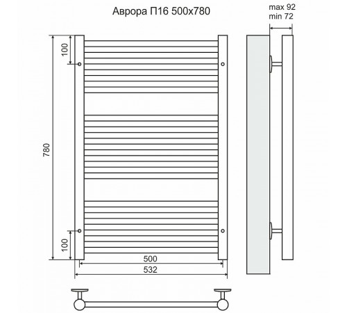 Водяной полотенцесушитель Terminus Аврора П16 500х780 4660059582221 Хром