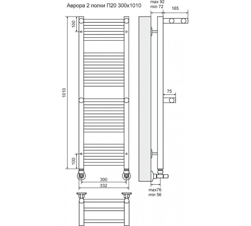 Водяной полотенцесушитель Terminus Аврора П20 300x1010 4660059582146 с полкой Хром